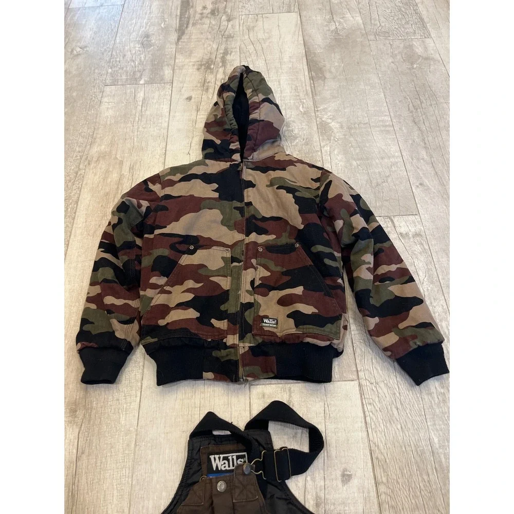 Walls Tough Wear Kids Camo Jacket and Brown Insulated Bib Overalls Set Youth M/L